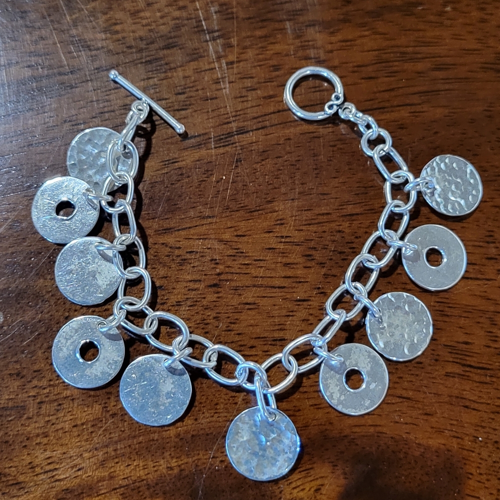 Sterling Silver Hammered Disc Charm Bracelet - Women Jewelry